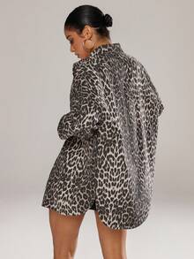 Jeanoix Women's Leopard Print Loose Oversized Denim Jacket - Multicolor - View 2