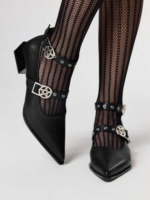 ROMWE Grunge Punk Gothic Style Star Decor Casual Punk Motorcycle High Heel Shoes For Women, Minimalist Design For Summer Vacation & Outing