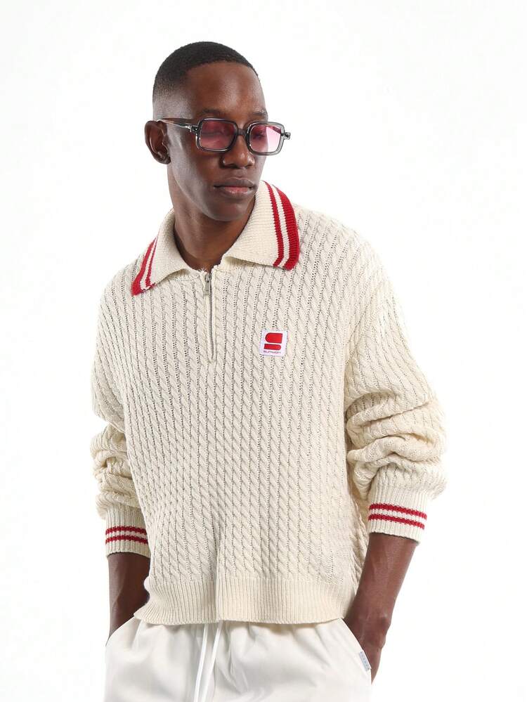 Cable Knit Quarter Zip Sweater With Striped Collar