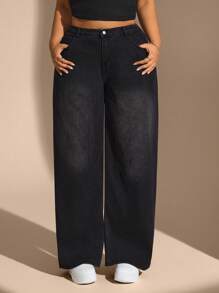 Hourglow Große Größen einfarbige Jeans mit Tasche und ausgestelltem Bein, lässig und modisch