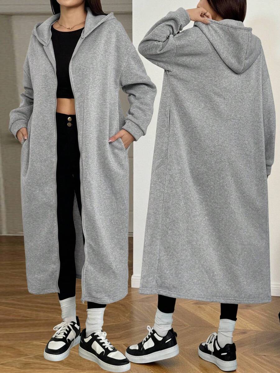 Sparklyn 青少年女孩休闲百搭日常居家运动瑜伽连帽拉链长款针织夹克，秋冬 - 灰色 - 查看 1