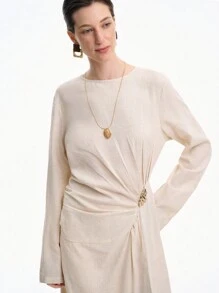 Aalyst Women's Elegant Minimalist High-End Casual Vacation Commute Comfortable Solid Color Linen Round Neck Front Pleated Metal Decor Elastic Waist Long Sleeve Maxi Dress, Spring/Autumn/Winter Fall Cloth For Women