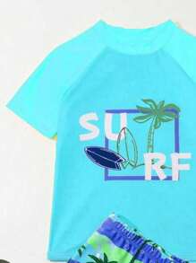Tween Boy Palm Tree & Letter Printed Casual Swimwear Set With Round Neck Short Sleeve Shirt And Shorts, Random Print - Blue - View 3