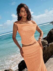 Opulessa Solid Color Knit Fitted Crop Top For Women Off The Shoulder Top - Burnt Orange - View 4