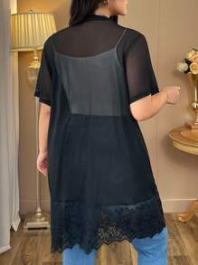 Elenzga Áo khoác cardigan ren sọc đứng cỡ lớn cho nữ - màu đen - Xem 2