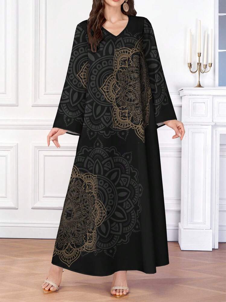 SHEIN Najma 优雅艺术印花阿拉伯风格女式连衣裙 - 彩色 - 查看 1