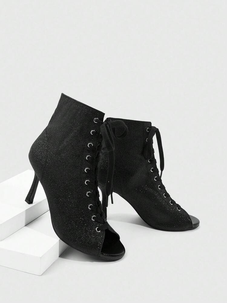 CUCCOO SZL Black Glitter Lace-Up Round Toe Fashion Ankle Boots, Stylish Street Photography Aesthetic