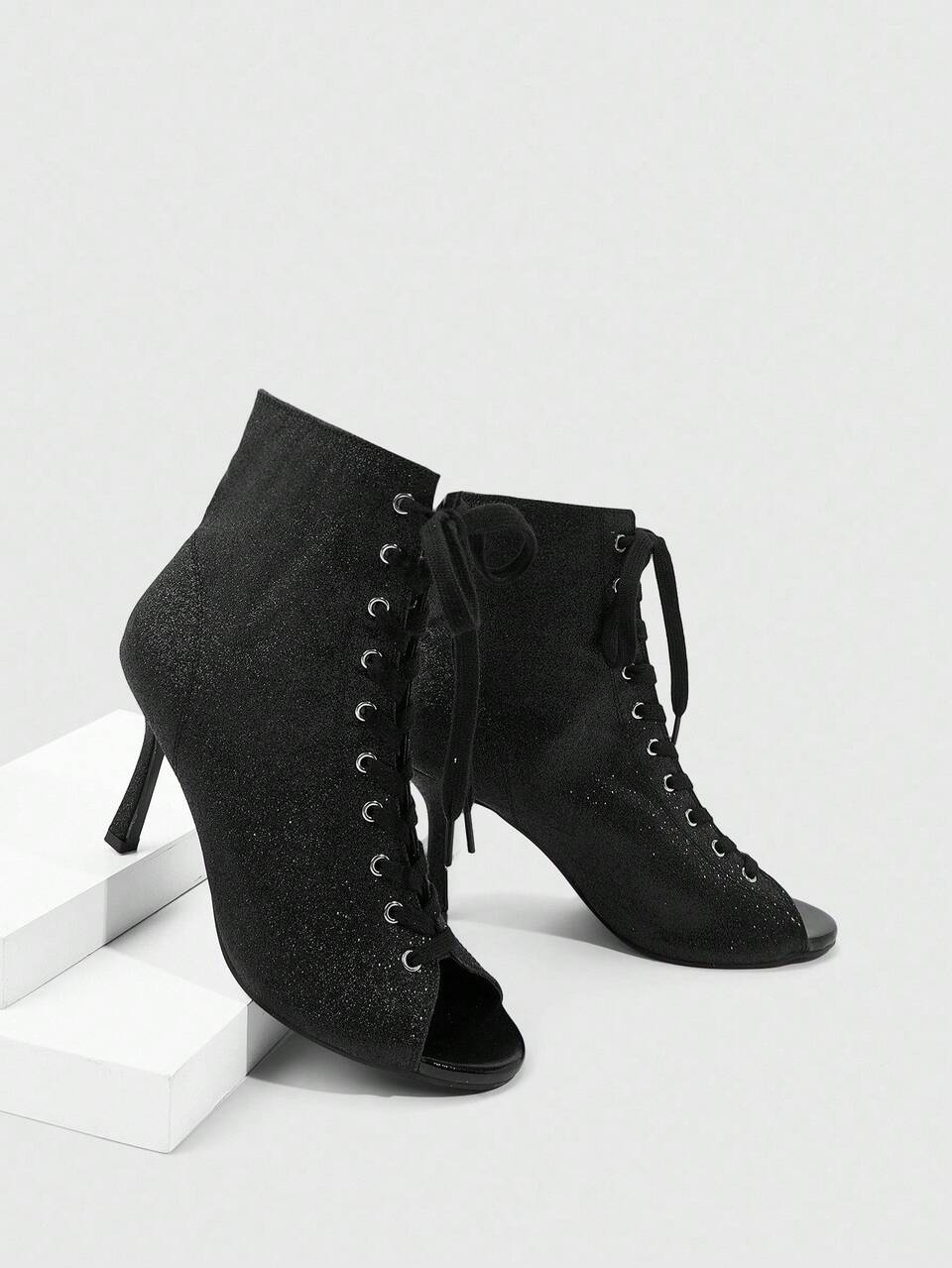 CUCCOO SZL Black Glitter Lace-Up Round Toe Fashion Ankle Boots, Stylish Street Photography Aesthetic