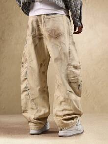 Quần jeans ống rộng kiểu thợ mộc SUMWON, dáng rộng thoải mái, chất liệu denim cổ điển với hiệu ứng vẩy sơn, trang phục động thời trang, phong cách nổi bật, bộ sưu tập thu đông dẫn đầu xu hướng, phong cách thường ngày. - Màu xanh lam - Xem 3