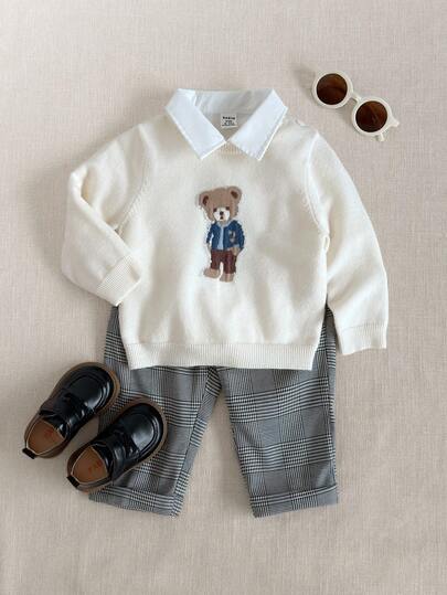 PrepCrw Sweater Pullover Lengan Panjang Motif Beruang Gaya Kolegiat untuk Bayi Laki-laki, Untuk Musim Gugur/Dingin