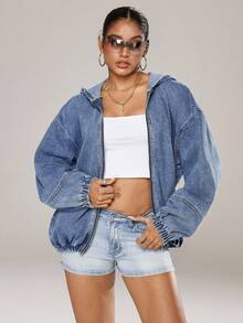 Jeanoix 女士宽松连帽拉链牛仔夹克，蓝色 - 中等水洗藍 - 查看 4