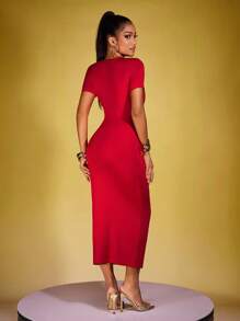 INAWLY Women's Slim Fit Solid Color Short Sleeve Dress, Summer - Red - View 2