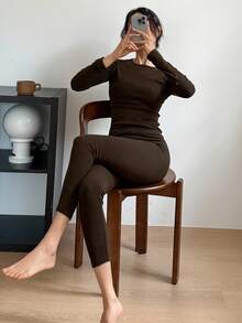 DAZY Conjunto de ropa de estar en casa de punto de unicolor y ajustado para mujer, ropa de invierno y otoño, pijama