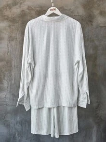 Manfinity Dauomo Men's Casual Striped Long Sleeve Pocket Shirt And Shorts Set - Apricot - View 2