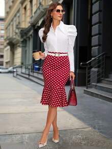 SHEIN Clasi Women's Elegant Bishop Sleeve Button Up Vintage Pointed Collar Versatile White Blouse - White - View 5