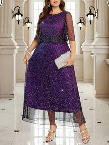 Gownix Vestido suelto de mujer de talla grande con cuello redondo, manga corta, plisado, lentejuelas y lámina de color púrpura, elegante y de moda para fiestas - Morado - Ver 4
