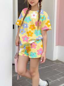 Emery Rose Kids Emery Rose Kids 2 件套青少年女孩休闲简约短袖 T 恤和短裤套装，适合夏季