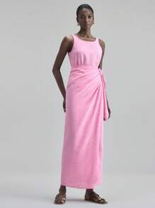 Ontre 2025 女士休闲纯色无袖裹身长裙，适合海滩、度假、毕业典礼、办公室、海滩派对、夏季 - 玫紅色 - 查看 4