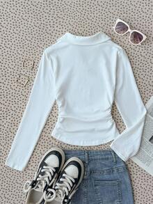 SHEIN Tween Girls White Knit Design Long Sleeve T-Shirt, Fashionable Versatile Casual All-Match Fall Winter - White - View 2