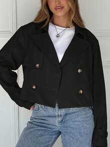 SHEIN EZwear Áo khoác gió ngắn dệt màu đen thường ngày cho nữ vào mùa thu/đông - màu đen - Xem 5