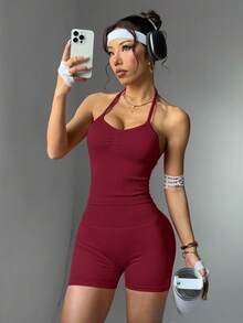 Easithlete Women's Solid Color Backless Halter Top And Shorts Sports Suit Workout Sets - Burgundy - View 6