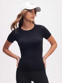 Easify SHEIN Sport T-shirt de sport à manches courtes sans couture de couleur unie, chemise de compression ajustée