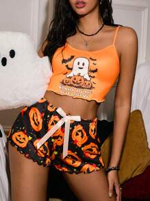 Miss Vinta 万圣节南瓜印花上衣和短裤睡衣套装，适合万圣节派对