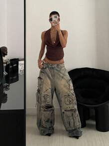 StreetHx Women's Coffee Brown Music Festival Draped Neck Streetwear Vacation Beach Party Sexy Camisole