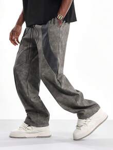 SUMWON 宽松溜冰风格拼接仿皮长裤，阔腿设计，街头时尚休闲秋冬下装，抽绳宽松裤