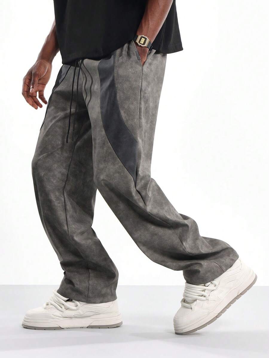 SUMWON 宽松溜冰风格拼接仿皮长裤，阔腿设计，街头时尚休闲秋冬下装，抽绳宽松裤