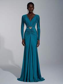 Elitara Elegant, Luxurious, Fashionable, Dignified, Dark Green, Knitted Stretchy Fabric, Long Sleeve Mermaid Hem, Trailing, Suitable For Vacation, Wedding Events, Bachelorette Party, Formal Ball Gown, Formal Dinner Dress