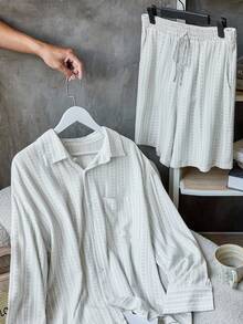 Manfinity Dauomo Men's Casual Striped Long Sleeve Pocket Shirt And Shorts Set - Apricot - View 3