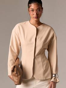 AiiRZ Damen Blazer ohne Kragen für den Büroalltag, professionelle Geschäftsjacke mit stilvollem gerafftem Ärmeldetail, moderne minimalistische Abendparty Formelle Oberbekleidung