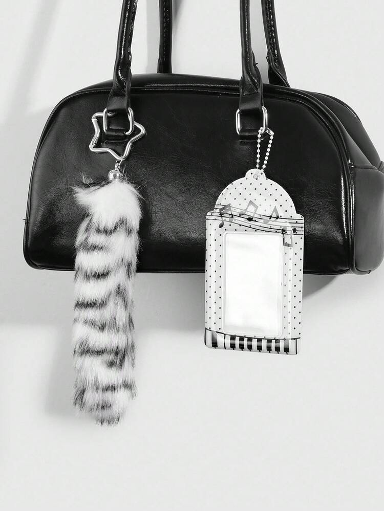 ROMWE Grunge Punk 1 件 Y2K 风格复古简约高品质黑白仿皮草渐变尾巴，PVC 亮面卡包，带有音乐元素、波尔卡圆点翅膀、钢琴键、星星钥匙扣吊坠，适合女士，适合日常佩戴和节日礼物 - 黑與白 - 查看 9