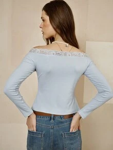 INAWLY Camiseta de moda de manga larga con hombros descubiertos, volantes y parches de encaje acanalado azul para mujer - Azul - Ver 2