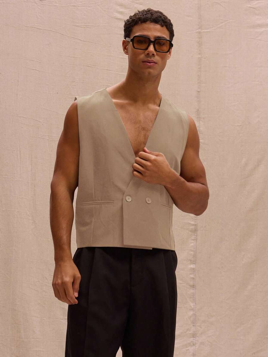 Musero V 领短款宽松背心春夏街头风格假日度假 - 咖啡棕 - 查看 1