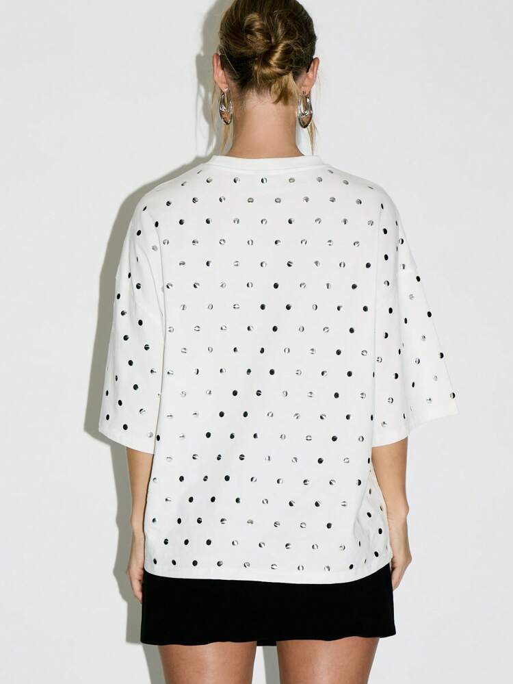 KIZN White Boxy T Shirt With Metallic Studs Pattern
