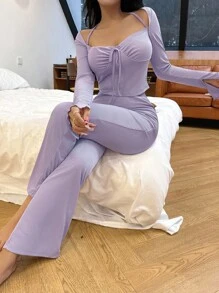 طقم بيجامة بنفسجي كاجوال Y2K للنساء، ملابس خريفية، إطلالات مريحة