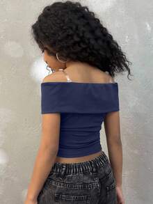 Coolane 青少年女孩夏季纯色露肩修身短款上衣 T 恤，返校季，Y2K，街头服饰 - 藏蓝色 - 查看 5