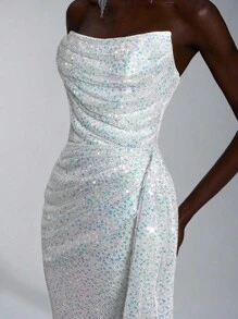 Elitara Cổ áo xếp nếp đính sequin trang nhã, đính đá 3D có thể tháo rời, xếp nếp bên hông, thích hợp cho những dịp trang trọng, đám cưới, tiệc tùng, lễ tốt nghiệp, vũ hội - trắng - Xem 3