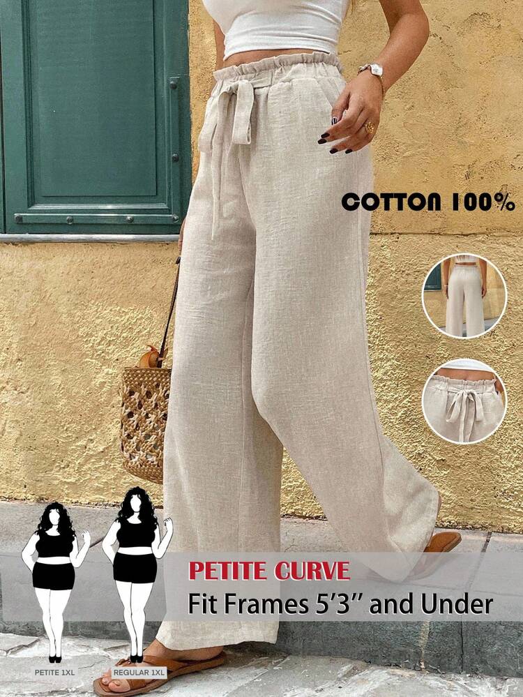 SHEIN PETITE CURVE 女士简约纯色蝴蝶结抽绳腰长裤仿亚麻竹纹无弹力面料，时尚休闲日常通勤 - 卡其色 - 查看 1