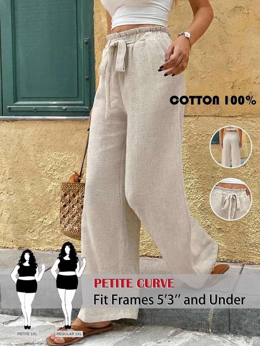 SHEIN PETITE CURVE 女士简约纯色蝴蝶结抽绳腰长裤仿亚麻竹纹无弹力面料，时尚休闲日常通勤 - 卡其色 - 查看 1