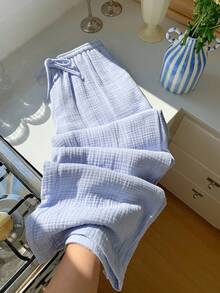 Comfortcana Quần ống rộng ống rộng màu trơn buộc eo cỡ lớn cho nữ Quần cotton thường ngày cho nữ Quần dài mặc nhà, Quần thu/đông, Quần áo mùa thu cho nữ Quần cotton 100% Quần cotton gạc cho nữ Quần cotton mùa hè - Màu xanh lam - Xem 7