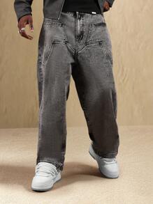 SUMWON 阔腿经典牛仔宽松牛仔裤，带实用口袋，复古街头风，秋冬时尚休闲舒适宽松版型纯色长裤 - 深灰色 - 查看 7