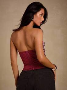 Glamine 性感甜美撞色3D花卉网眼褶皱钢圈女式紧身胸衣 - 酒紅色 - 查看 2