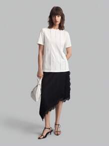 Ontre 2025 New Women's Summer Solid Color Toothpick Stripe Design Round Neck Short Sleeve Casual T-Shirt, Suitable For Spring/Summer Outings, Casual Urban, Minimalist Fashion, Urban Commute, Elegant Simplicity, Teacher's Day Outfit