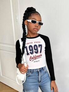 SHEIN 少女休闲复古1997印花黑白拼接短款修身圆领插肩袖套头T恤，春秋冬季90年代儿童复古女童90年代秋季