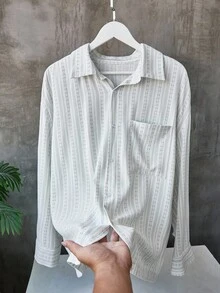 Manfinity Dauomo Men's Casual Striped Long Sleeve Pocket Shirt And Shorts Set - Apricot - View 4