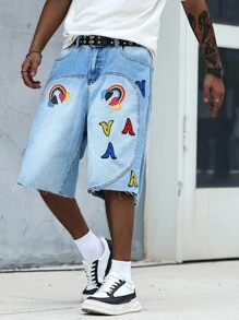 Manfinity EMRG Men's Denim Shorts With Wide Legs And Fun Dopamine Logo, Suitable For Parties And Music Festivals - Light Wash - View 5