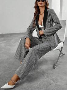 Chiquease 格紋印花雙排釦西裝外套和褲子 - 灰色 - 查看 3